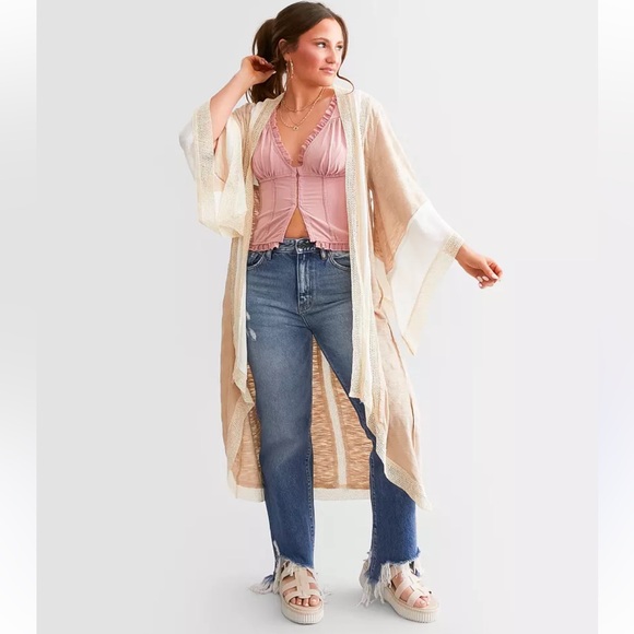 POL BLUE LACE TRIMMED MIXED MEDIA DUSTER like new size M - Picture 1 of 14